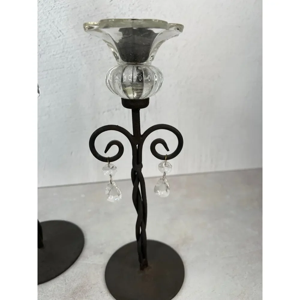 Wrought Iron Scroll‎ Candle Holders Glass Ornate Decorative Pair